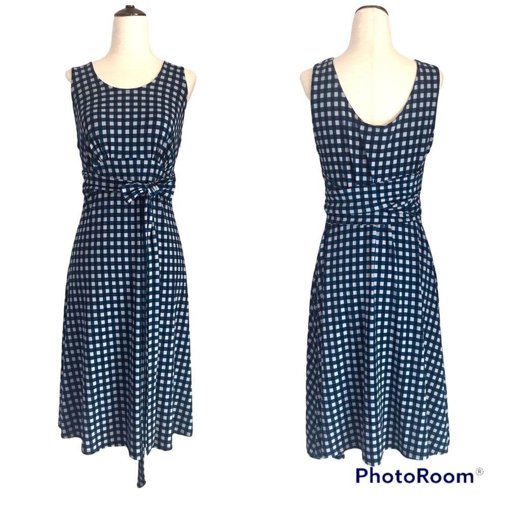 LEOTA Plaid Sleeveless Midi Dress Small Blue Gray Knit Tie Waist Stretch Career